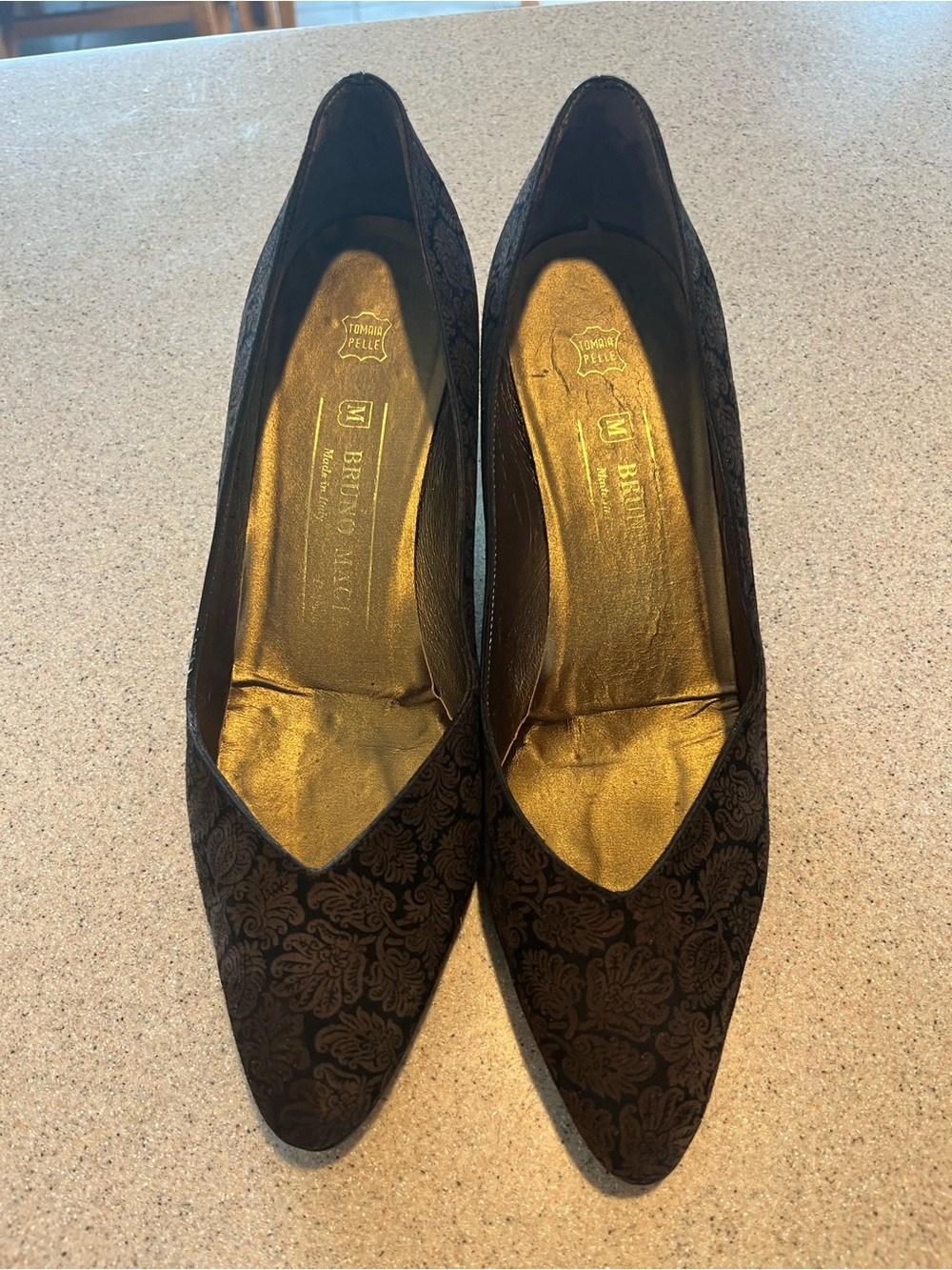 Vintage Bruno Magli Black Brocade Pointed-Toe Flats